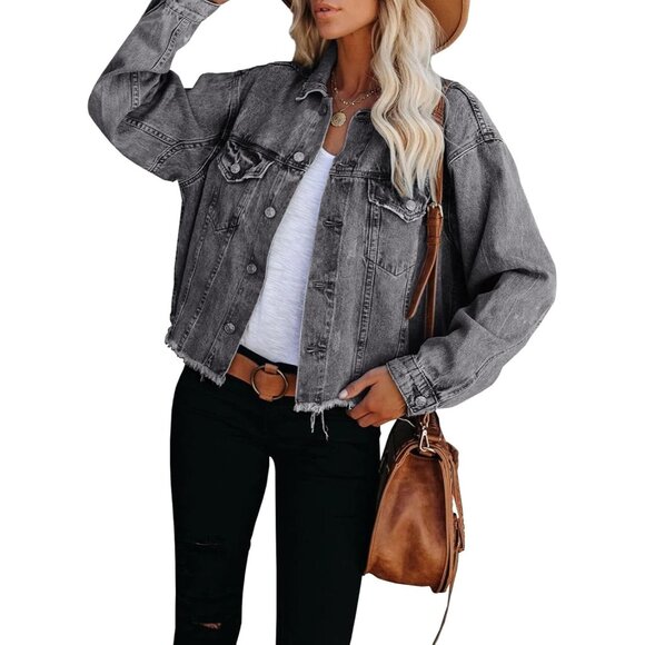 Brand New Women Z Gray Black Jean Cropped Frayed Button Up Denim Jacket - Picture 2 of 6